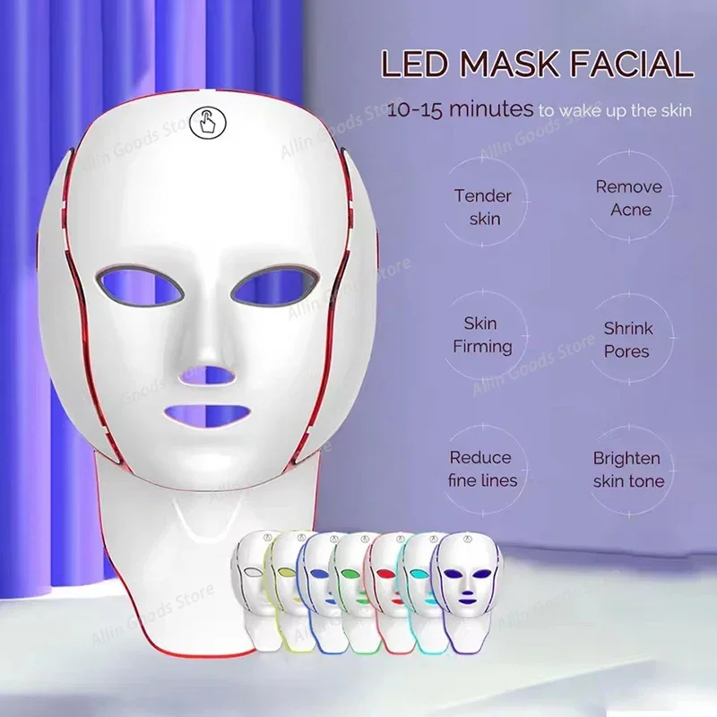 Face Neck LED Mask 7 Colors Photon Anti-Wrinkle Skin Brightening Neck Beauty Mask Skin Tightening Neck Wrinkle Remover Skin Care