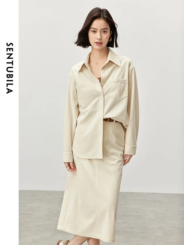 SENTUBILA Corduroy 2 Piece Set Women Casual Long Sleeve Shirt A Line Slit-hem Long Skirt Texture Set New Matching Set 143Z56975