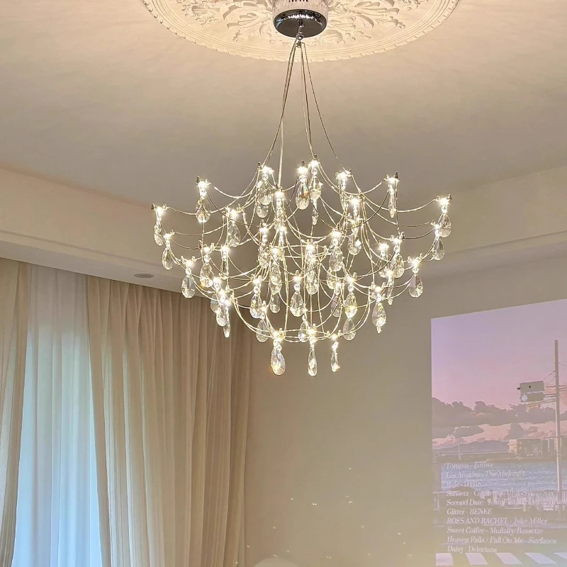 

New duplex stairwell villa living room simple modern light luxury crystal lamps apartment high staircase lamp chandelier