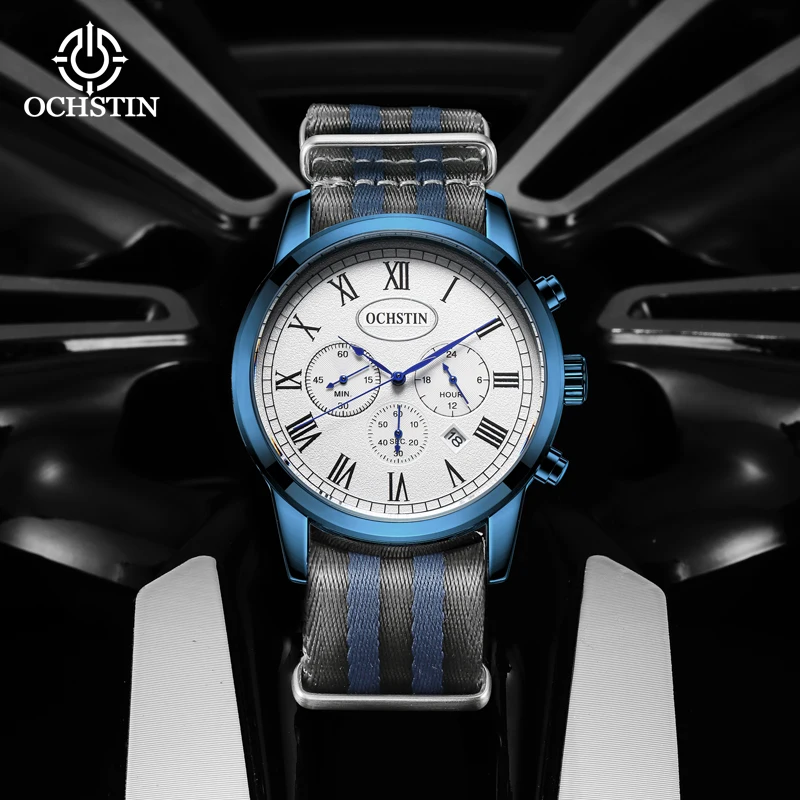OCHSTIN Nylon Strap Wristwatch Men's Original Multifunction Quartz Movement Mineral Hardened Glass Waterproof Calendar Clock