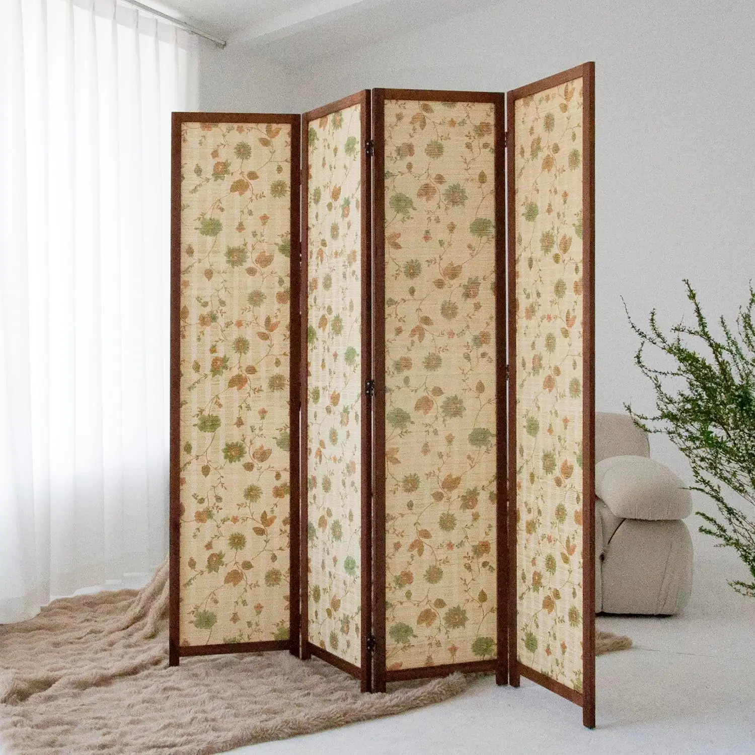 

4 Panel Room Divider Screen and Folding Panel Screen with Pattern,Double Sided Bamboo Divider for Room Separation,Floral