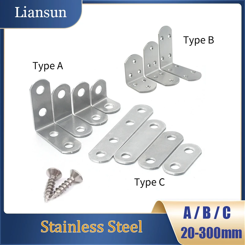 1-10Pcs Stainless Steel 90 Angle Corner Brackets 20/25/30/35-300mm L-Shaped Corner Brace Fastener for Furniture Shelves Cabinet