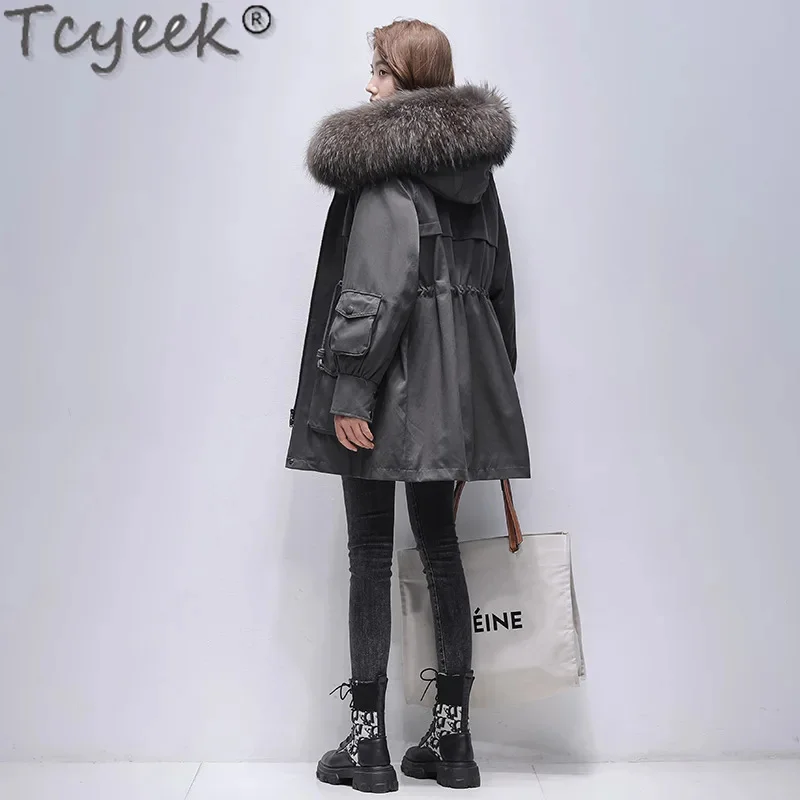 Tcyeek-Parka media larga con cuello de mapache para mujer, abrigo desmontable con forro de piel de conejo Rex, elegante, cálido, invierno, 2024