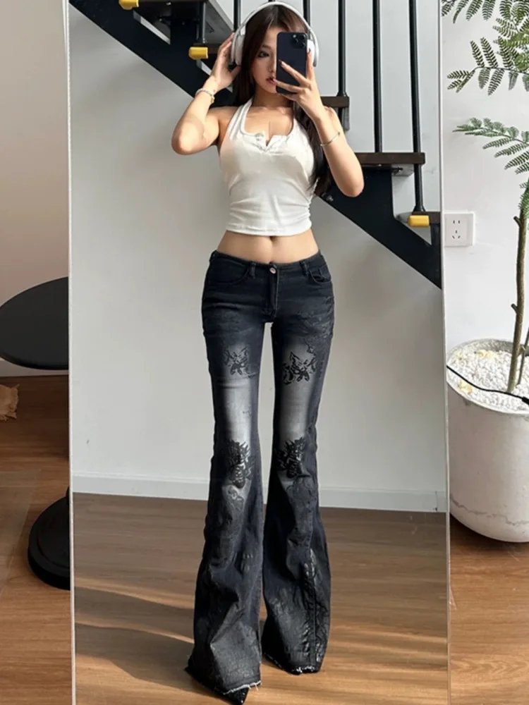 HOUZHOU Y2K Vintage Flared Jeans Women Streetwear 2000s Floral Print Distressed Low Waist Slim Denim Pants Korean Retro Trousers