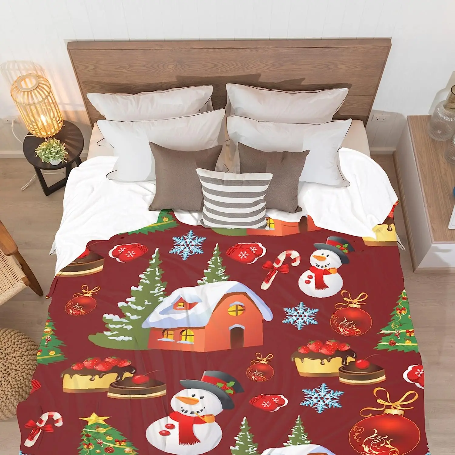 Merry Christmas Snowman Cake Tree Blanket Print Soft Lightweight Warm Cozy Plush for Bedroom Bedding Couch Novelty Gift