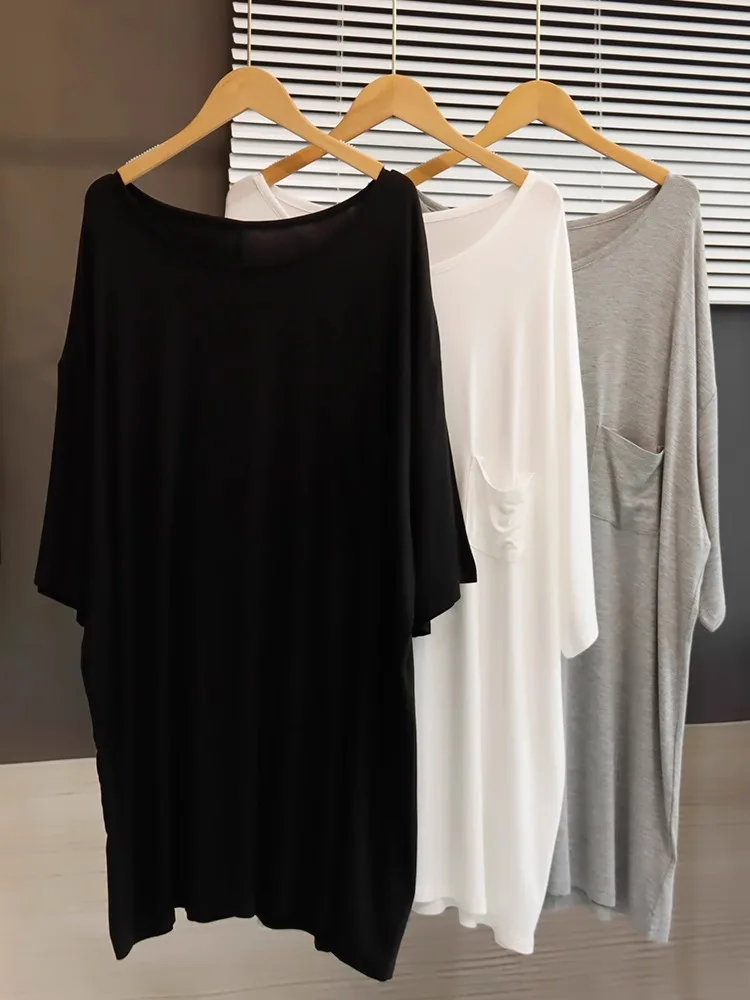 Ultra Soft Skin-Friendly Modal Long Sleeve round Neck Pocket Dress Women's Summer Loose Sleepwear Dress Korean Style Loose Fit