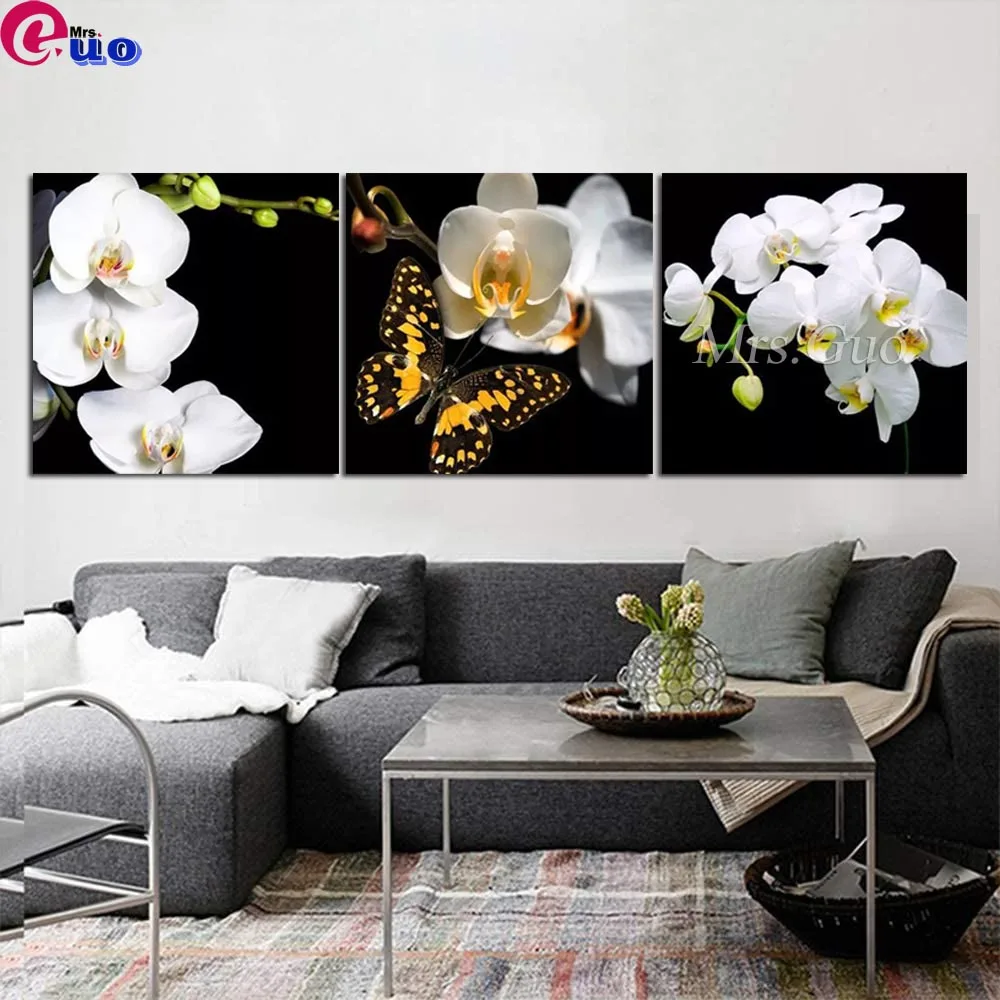 

5D Diamond Painting White Orchid Black Background Triptych Diamond Embroidery Flower Cross Stitch Mosaic Home Decoration 3Pcs