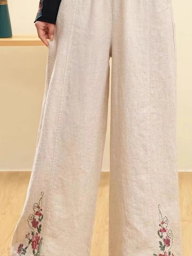 

Новые женские летние брюки в китайском стиле с вышивкой, широкие, из тонкого хлопка и льна, повседневные, свободные, модные, для мам, с высокой талией, размер S