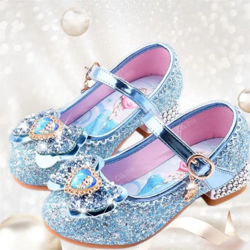 

New cartoon girls casual shoes children's high-heeled shoes elsa princess frozen cartoon bowknot leather shoes praty shoes