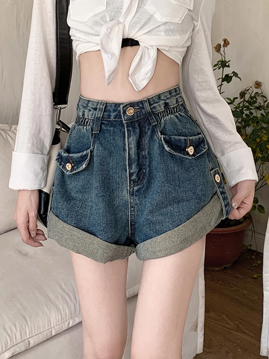 

High Waist Cuffed Hem Denim orts Women Summer New plus Size Loose Slimming Wide Leg Retro Spicy Girl Casual Pants