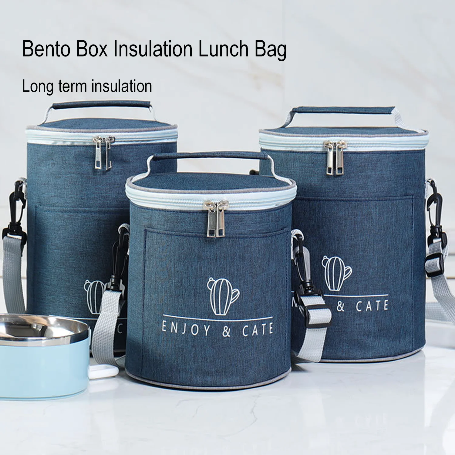 Reusable Insulated Lunch Bag Thickened Cylinder Bento Pack Office Workers Students Travel Picnic Meal Handbag Rice Bag Strips