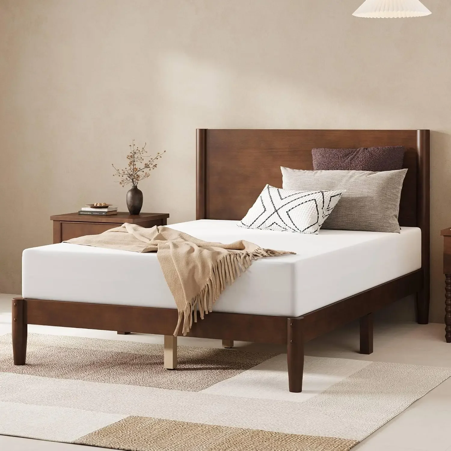 Solid Wood Full Size Bed Frame, Mid Century Modern Platform Bed with Full Panel Headboard, Noise-Free & Cylindrical Legs, No Box