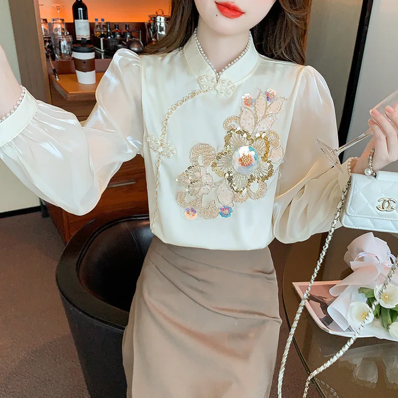 #2553 Spring Retro Chiffon Blouse Women Stand Collar Irregular Blouse Femme Long Sleeve Split Joint Sequined Flower France Style