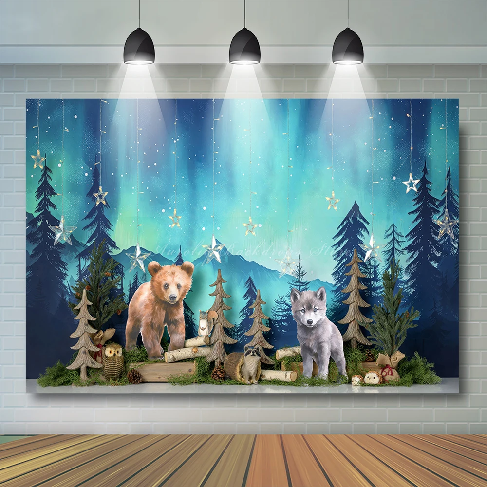 

Northern Lights into the Wild Backdrop Kids Baby Cake Smash Photography Props Forest Animals Child Adult Birthday Backgrounds