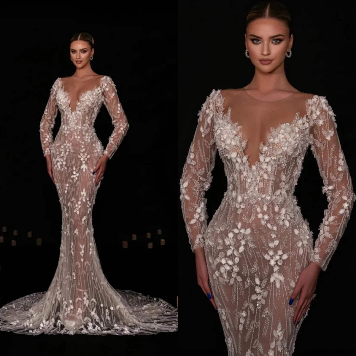 Stylish Wedding Dresses O Neck Appliques Bridal Gowns Sequins Long Sleeves Illusion Mermaid Customized Vestidos De Novia