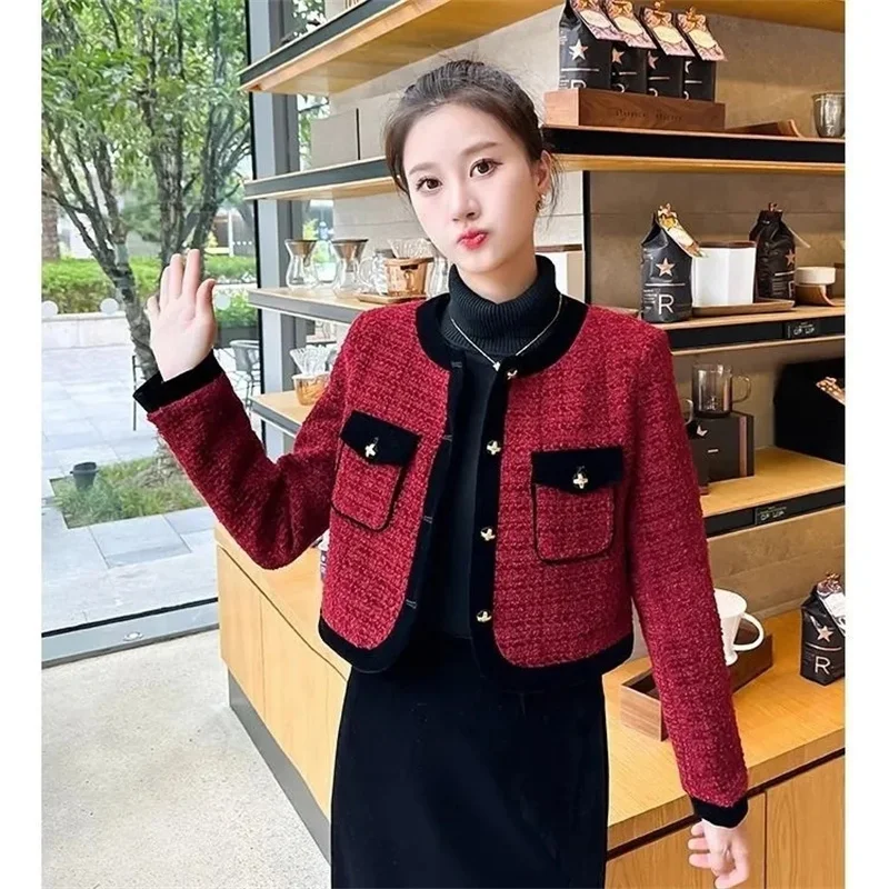 Spring Autumn Women Short Jackets Elegant Ladies Office Blazers O-neck Long Sleeved Single Breasted Tweed Jacket Chic Outerwear