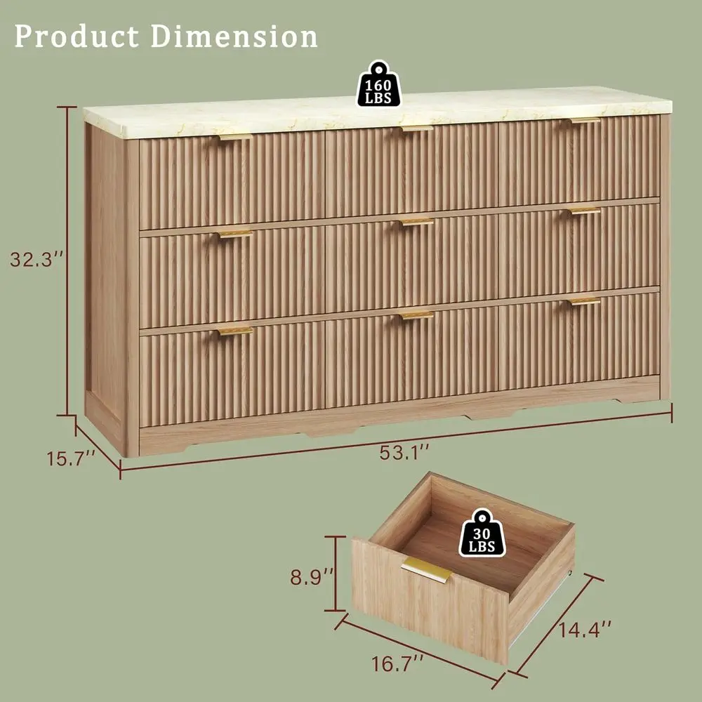 19th Century Inspired Drer with 9 Drawers, Marble Top, Wooden Chests, Gold Handles & Curved Profile, Closet Organizer, TV Stand