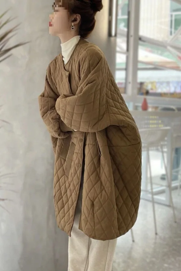 

2023 Autumn Winter New Large Size Loose Mid-Length Oversized Cotton Jacket For Women Korean Style Round Neck Quilted Slimming