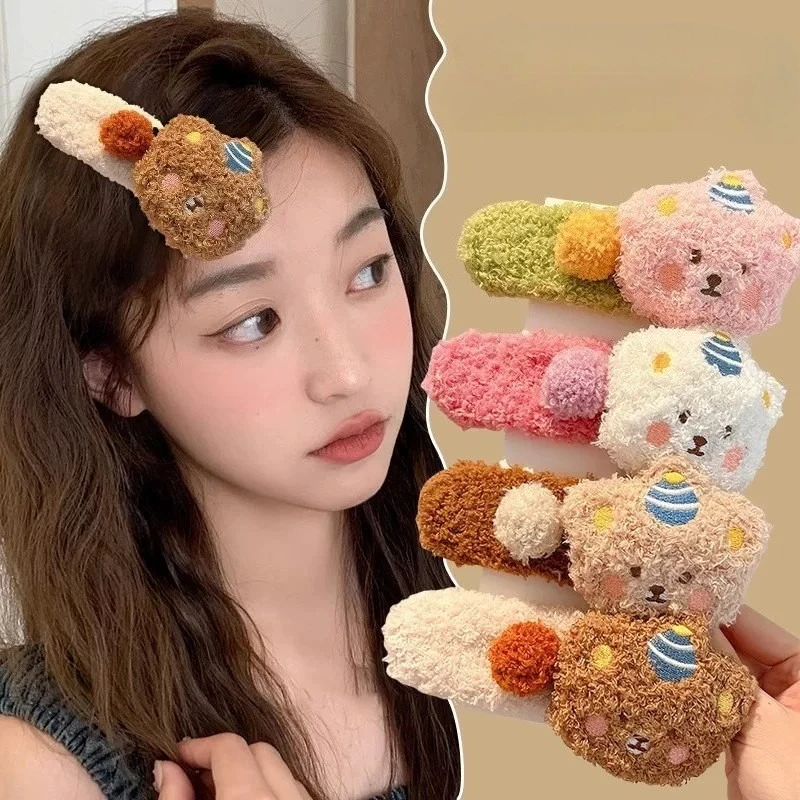 

Cute Bear Cartoon Hair Clip Autumn Winter Plush Back of Head Side Clip Bobby Pin Duckbill Clip Hairpin Hair Accessory 헤어핀