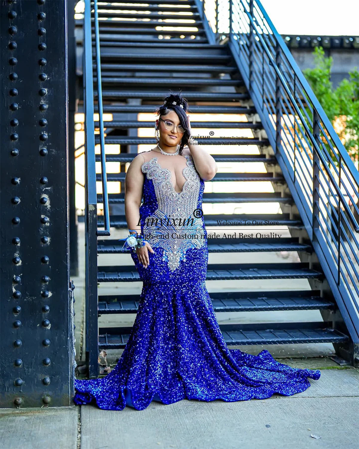 Royal Blue Mermaid Prom Dress For Black Girls Crystals Sequins Beads Birthday Reception Party Gown Plus Size Robe De Soiree