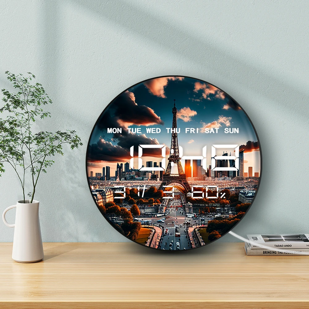 파리 스카이라인 모던 디자인 전자 벽시계 LED 자동 조광 디지털 타이머 날짜 온도 습도 달력 표시