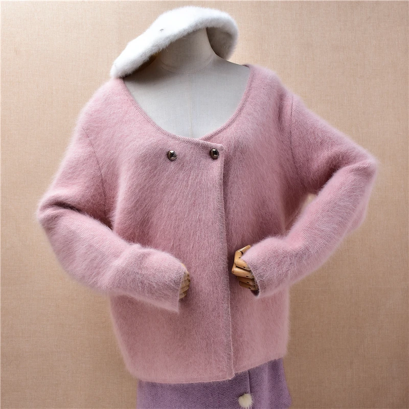

Элегантная модная женская корейская розовая волосатая норковая кашемировая вязаная куртка с длинными рукавами, свободные кардиганы, свитер из ангорского меха, куртка