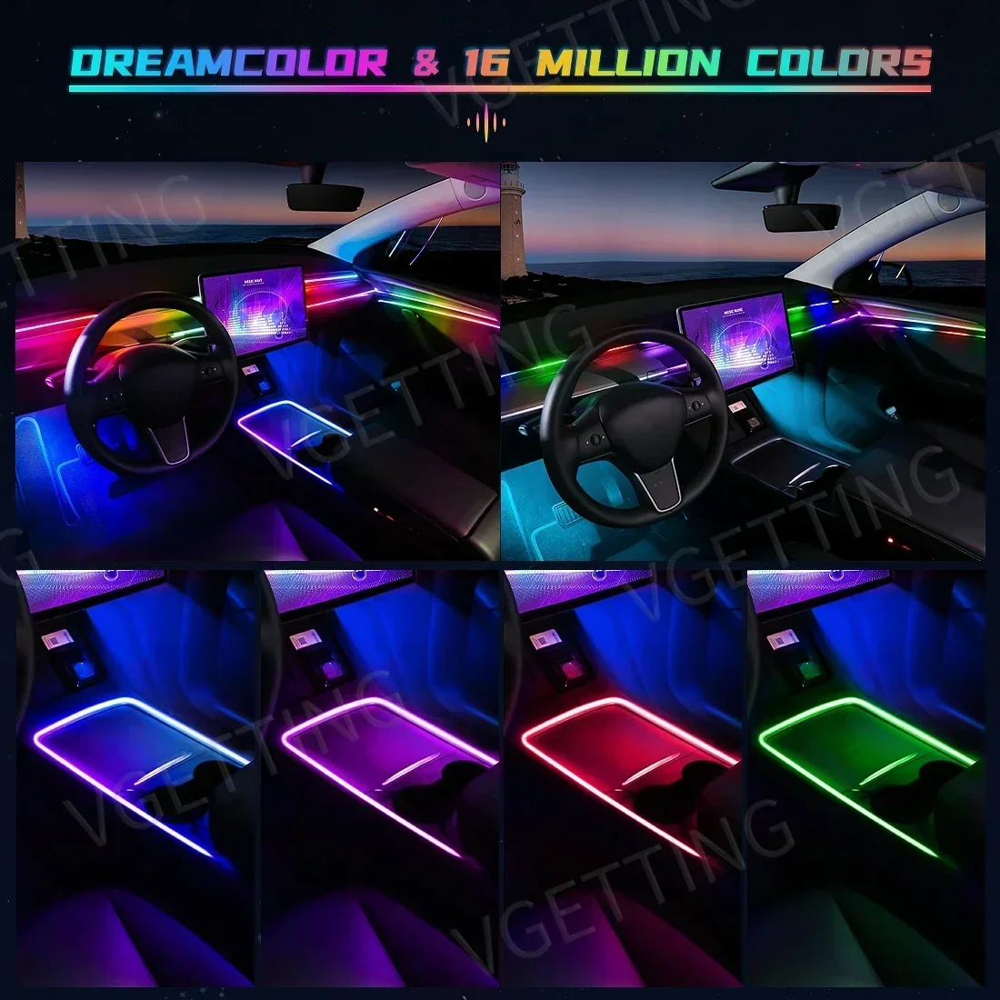 

Vget автомобильное окружающее освещение, двухзонная симфония RGB, искусственное освещение, 18 в 1, интерьерные акриловые полосы, атмосферное искусственное освещение, кнопка управления через приложение 12 В