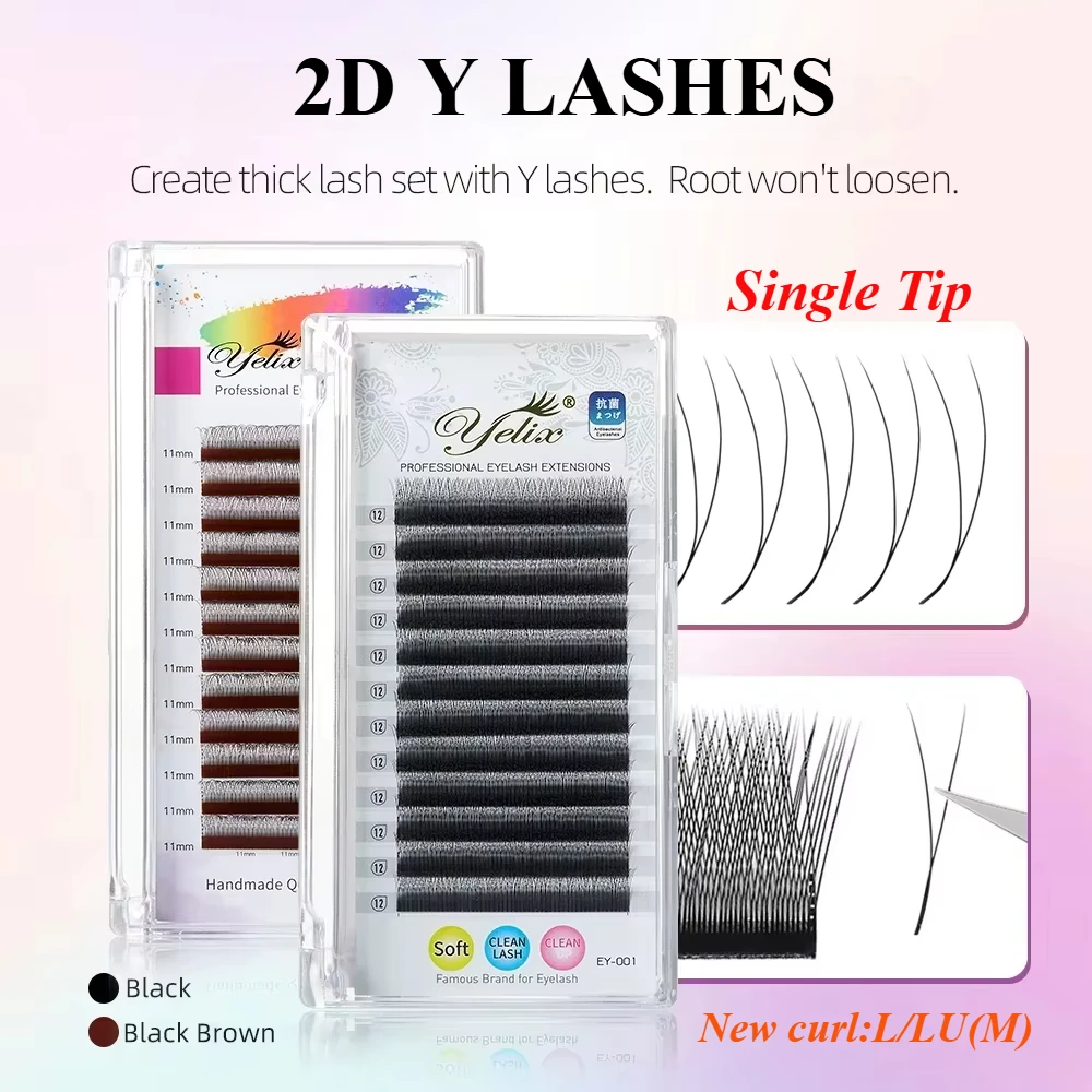 Yelix Novo Volume 2D Cílios Castanho Escuro Ultra-fino Y Lash Extensão Leve Premade Fans Extensões de Cílios Ponta Única 2D Y