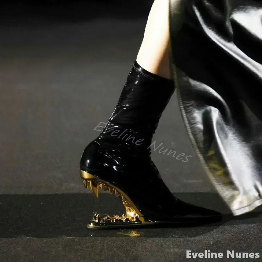 

Metal Giant Tiger Teeth Heels Stretch Boots Women Pointed Toe Patent Leather Solid Slip On Show Boots Fashion Banquet Short Boot