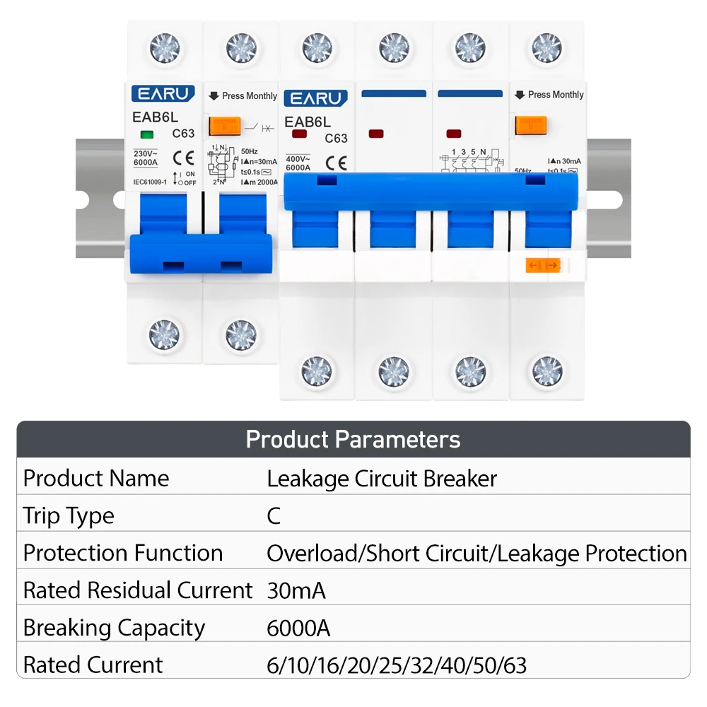 AC230V MCB Leakage Protector RCBO Overload Short Circuit Protection 2P 4P 30mA Residual Current Circuit Breaker Switch RCCB RCD