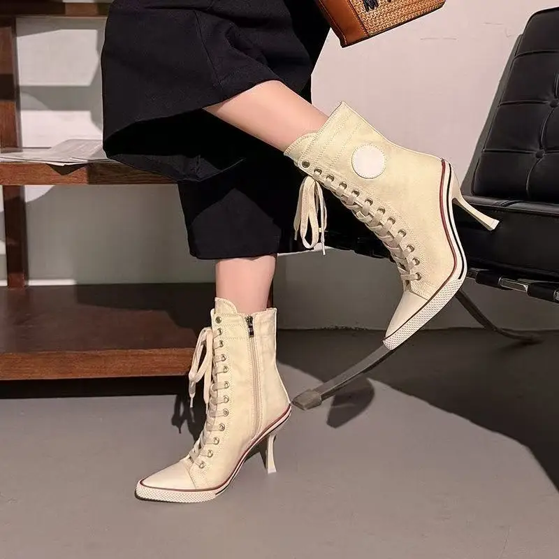 Y2K Girl's Shoes Designer High Heels Sports  Lace-up Canvas Shoes for Women Casual High-top Zipper Fashion Pointed Tip High Heel view 2