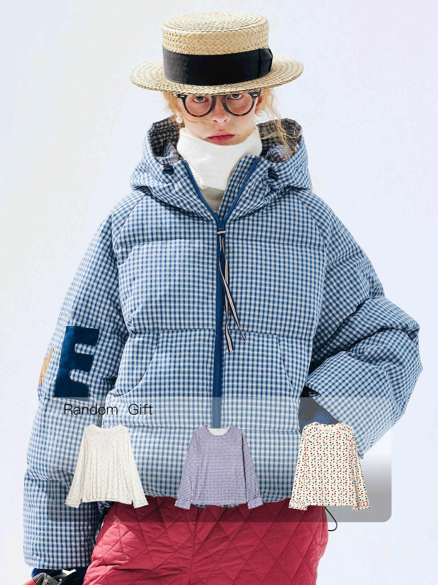 سترة شتوية قصيرة منقوشة باللون الأزرق الملكي imakokoni معطف بقلنسوة سميك بحروف متدفقة 255256 #1