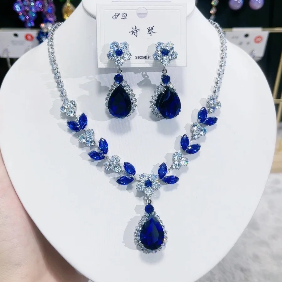 1-セットのファッショナブルなブルー水滴ジルコニアペンダントネックレス、イヤリング、ジュエリーセット、女性のブライダルウェディング宴会パーティー毎日