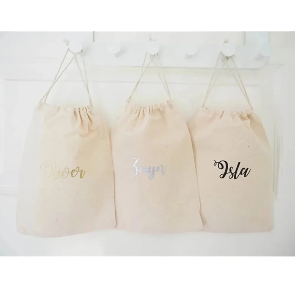 Personalised Favour Bags with Rose Gold Text Hand-crafted Drawstring Cotton Pouch, Custom Names for Weddings, Baby Bridal Shower