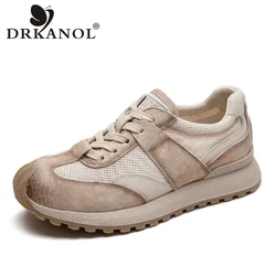 DRKANOL 2024 moda donna scarpe basse classici pelle scamosciata di mucca Air Mesh Sneakers Casual traspiranti scarpe da tavola stringate estive da donna