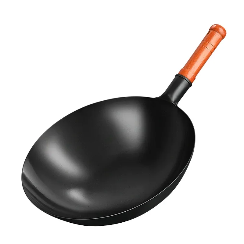 Wok Pan 32cm Black Iron Woks Stir Fry Pans, Gas, Cooktop, No Chemical Coated,Kitchen Cooking Pot Round Bottom Chinese Wok