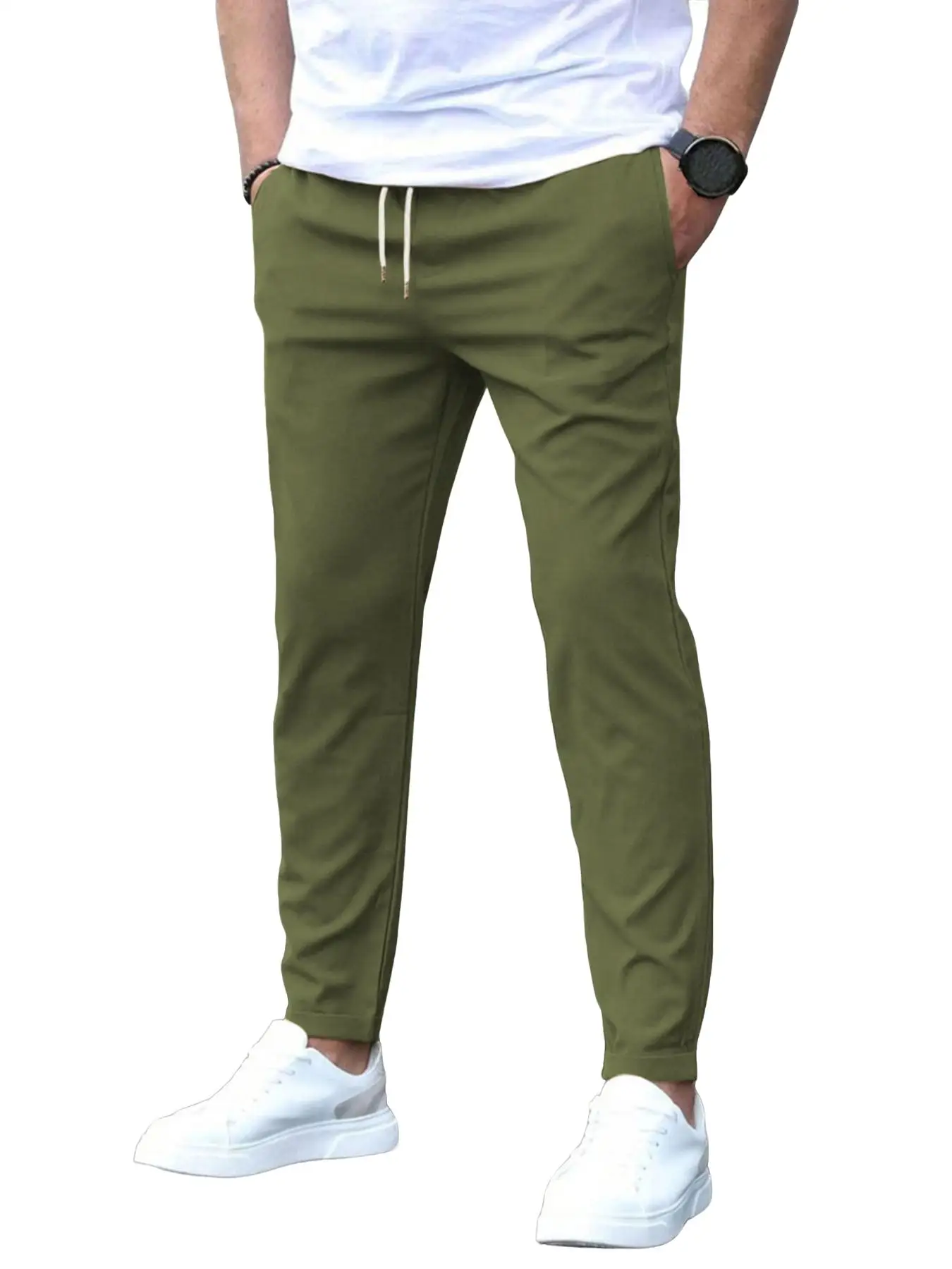 Men's Solid Color Drawstring Waist Pants, Regular Fit Casual Comfy Pocket Trousers for Spring & Fall, Men's Bottoms for Daily We