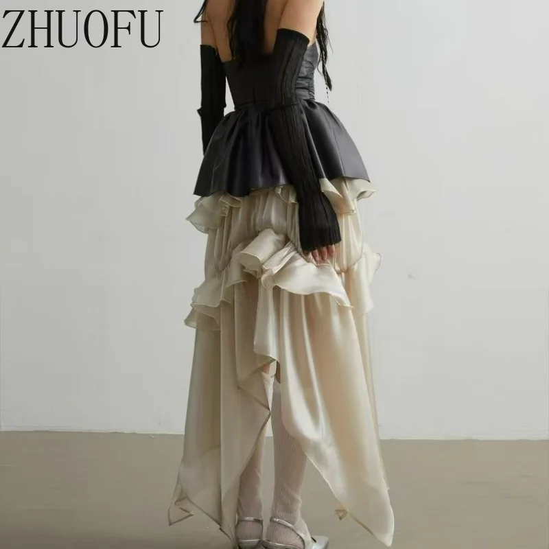 Elastic Waist Women's Cake Skirt 2026 Autumn New Design Sweet Cool Y2k Personality Light Gold Irregular Lace Long Skirts Ladies