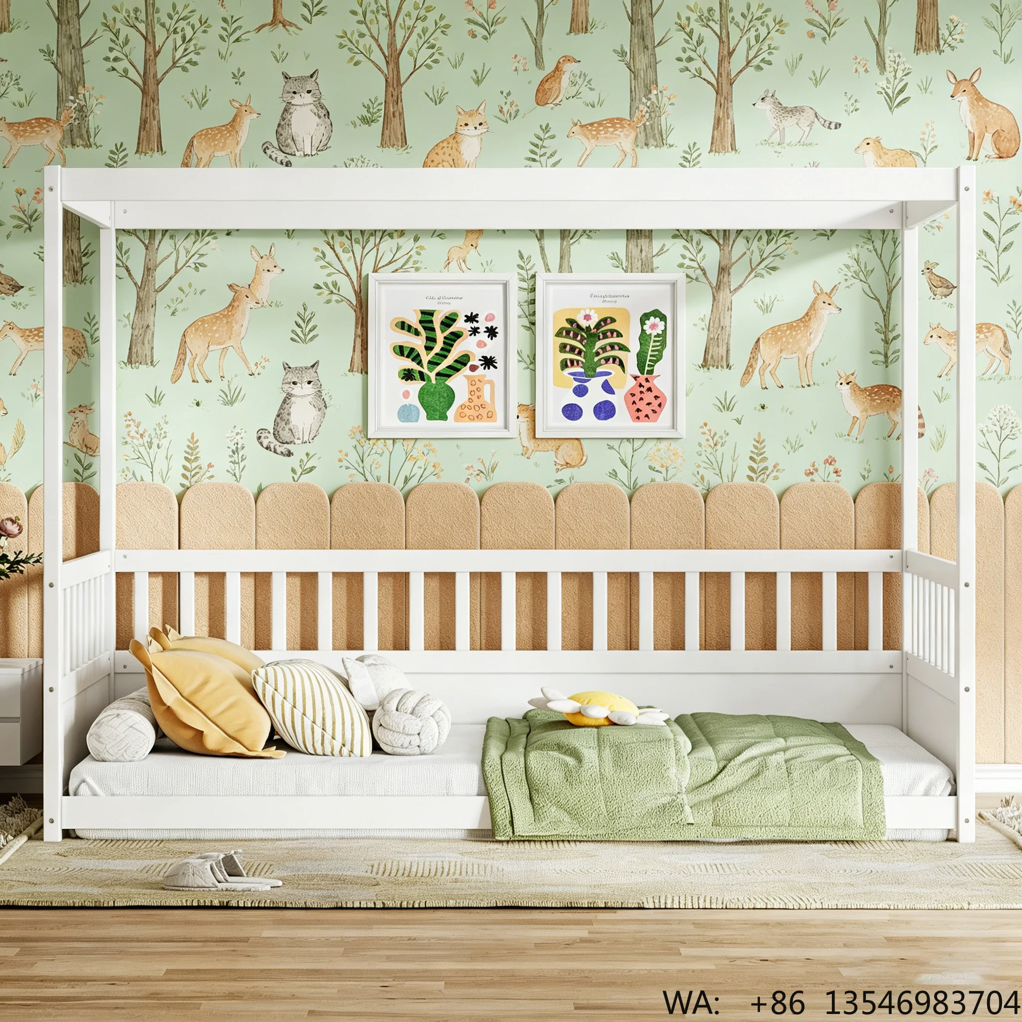 

Twin Four Poster Canopy Bed Frame Wooden Montessori Floor Bed with Safety Guardrails Modern Anti-Fall Sleeping Bed for Boys