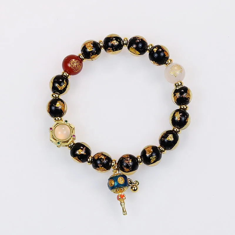Gold Foil Glass Bead Bracelet with Heart Sutra Prayer Wheel Chinese Style Fortune Bead Jewelry Gifts