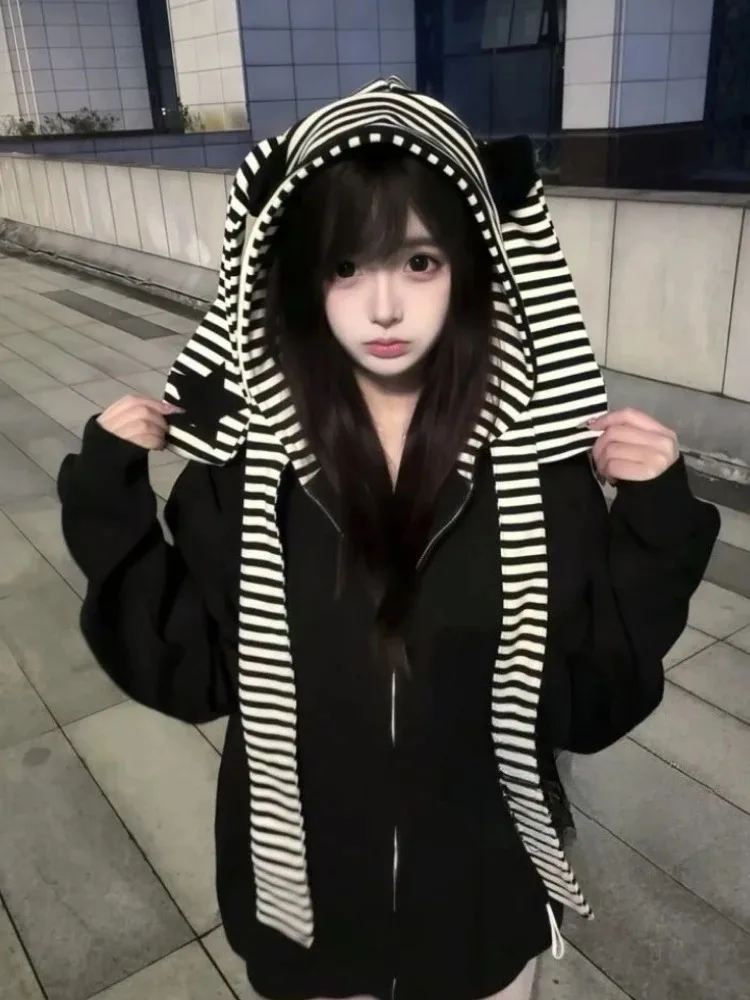Felpe con cappuccio Harajuku da donna con patchwork a righe Kawaii Grunge Streetwear Felpa con cappuccio allentata casual Y2k Felpa con cerniera estetica Grunge