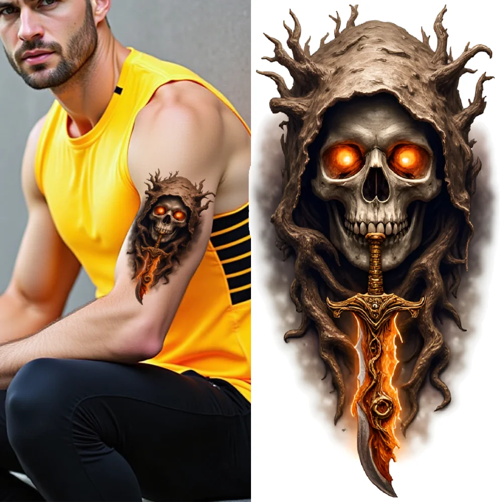 

3pcs Temporary Tattoo Green Skull Bat-Winged Skeleton Skeleton With Fungus Staff Realistic Temporary Tattoos Skull With Owl For