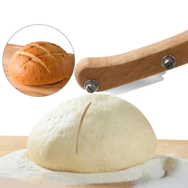 Curved Bow Knife Tool Bread Knife Cut French Toast Knife 5 Blade Wooden Handle Bakery Tool + Box packaging