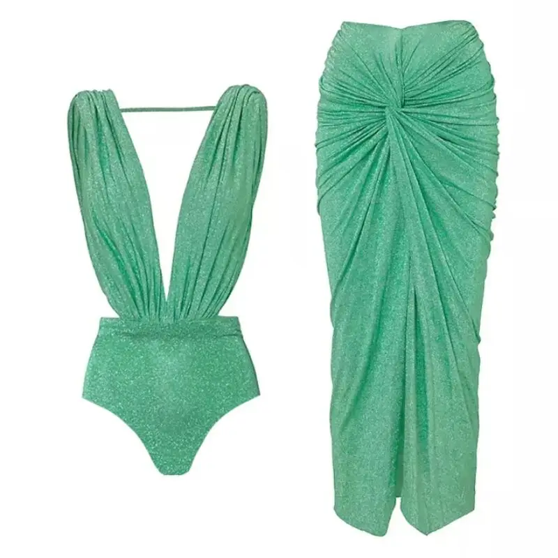 Halter Eendelige Badpak Set Glanzende Textuur Geplooide Damesbadkleding Strandkleding Badpak