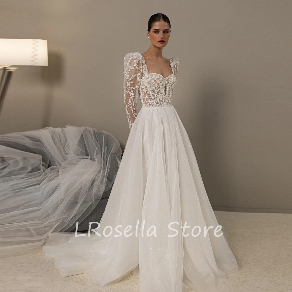 Lrosella Brautkleid Spitze A-Linie rücken frei Langarm plissiert boden lang elegant exquisit modernen Stil Luxus فساتي 2024