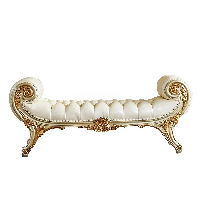 A  European style tail sofa stool pure solid wood French leather princess bedside couch bedroom furniture