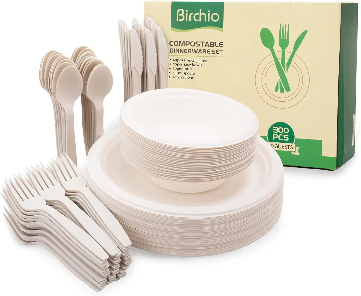 250 Piece (50 Sets) Biodegradable Paper Plates Set (Extra Long Utensils), Disposable Dinnerware Set, Eco Friendly Compostable