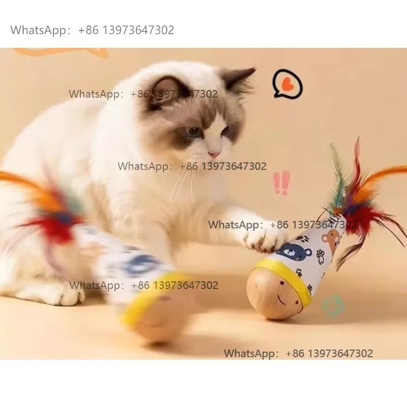 Beech Wood Tumbler Interactive Cat Toy With Colorful Feather Bite-Resistant Self-play Cat Toy，one with feathers and one Twister.