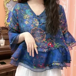 2024 Summer Women's Casual Fashion Elegant Commuting V-neck New Chinese Loose Button Printed Ruffle Edge Meat Covering Shirt