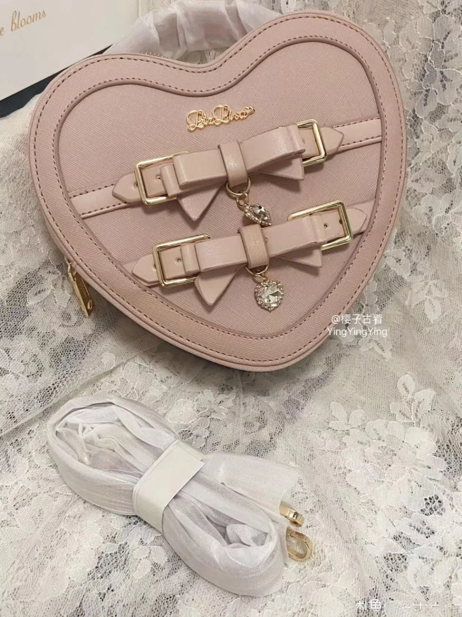 Japanese Style Liz Mine Lolita Love Rhinestone Bow Crossbody Handbag Women Girls Sweet Cute Heart Shape Pink Shoulder Bags